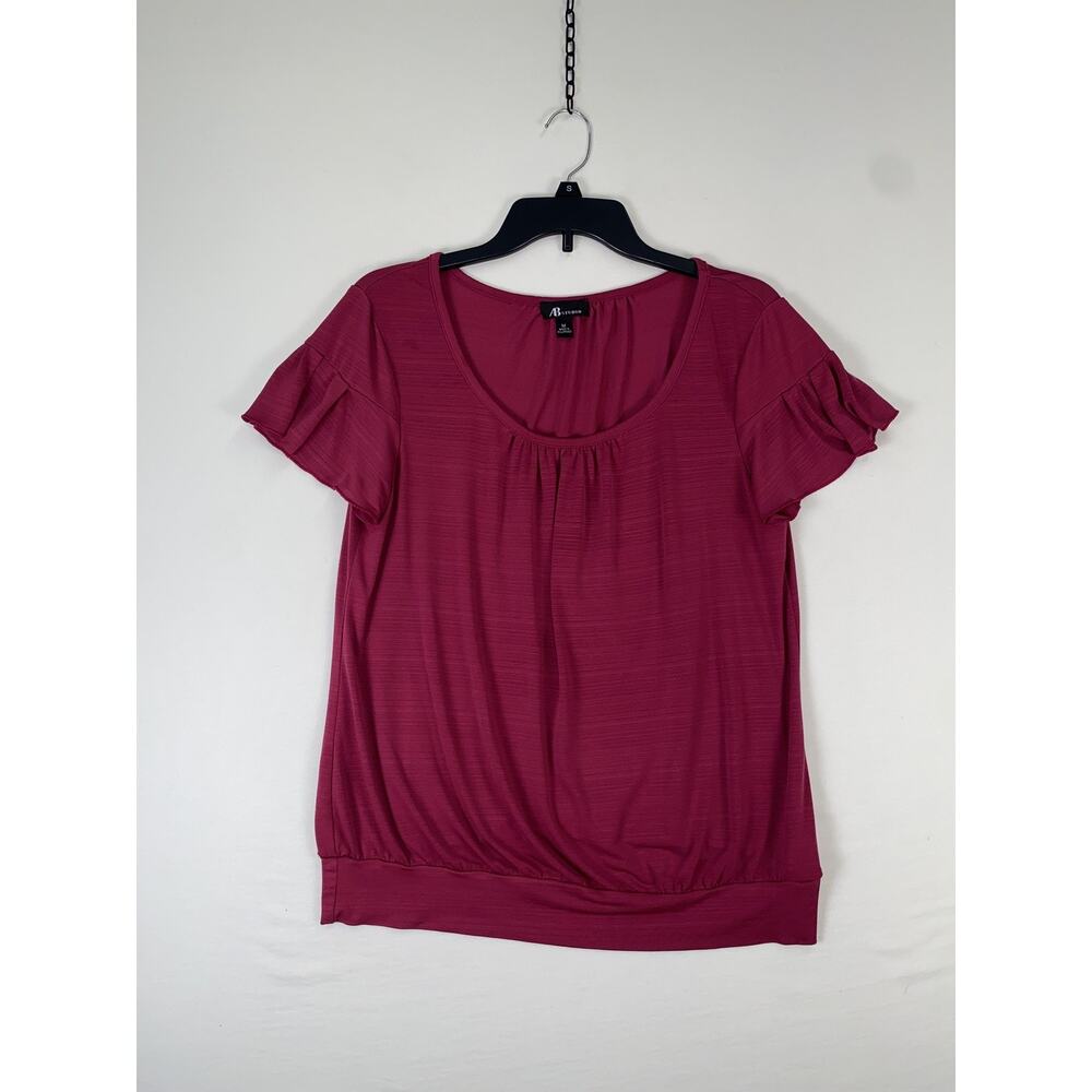 AB Studio Blouse Womens Medium Pink Flutter Sleeve Ruffle Scoop Neck Stretch Top